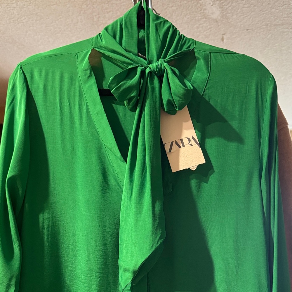 Zara Vibrant Green Blouse with Tie Accent